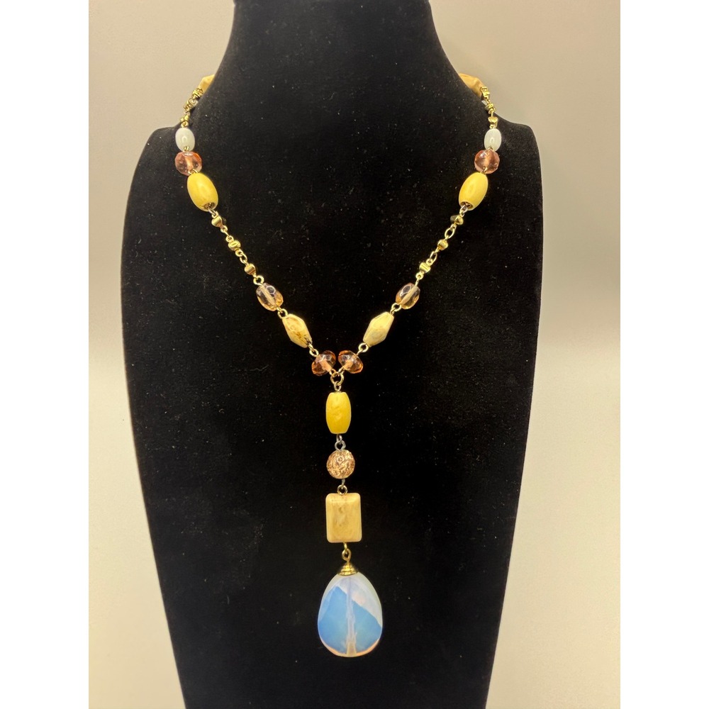 Napier Beaded Lariat Drop Necklace Gold Tone Yellow Amber Opalite Teardrop NEW